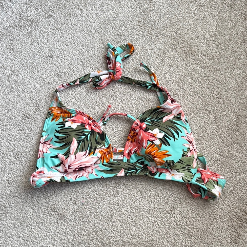 Kona Sol Tropical Floral Bikini Top - Green and Pink